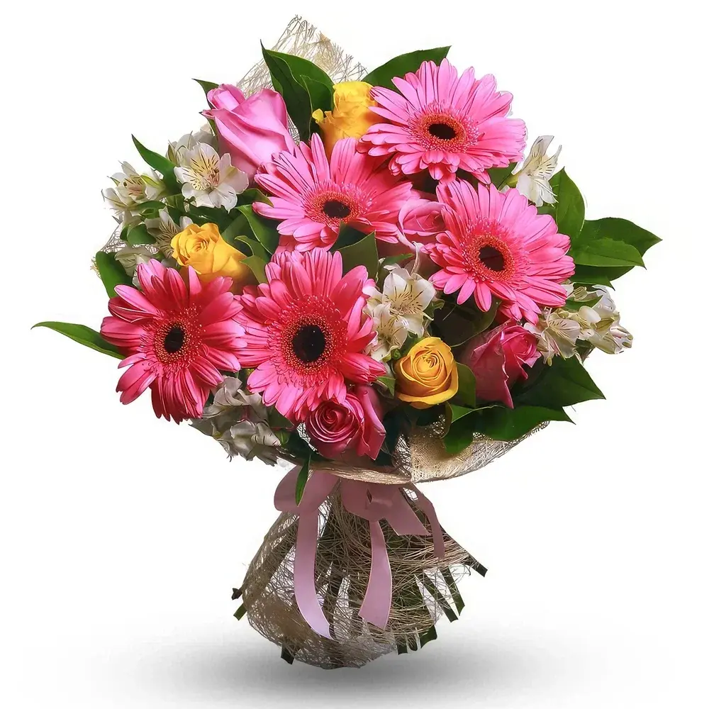 Bukett med rosa gerberaer og hvit Alstroemeria