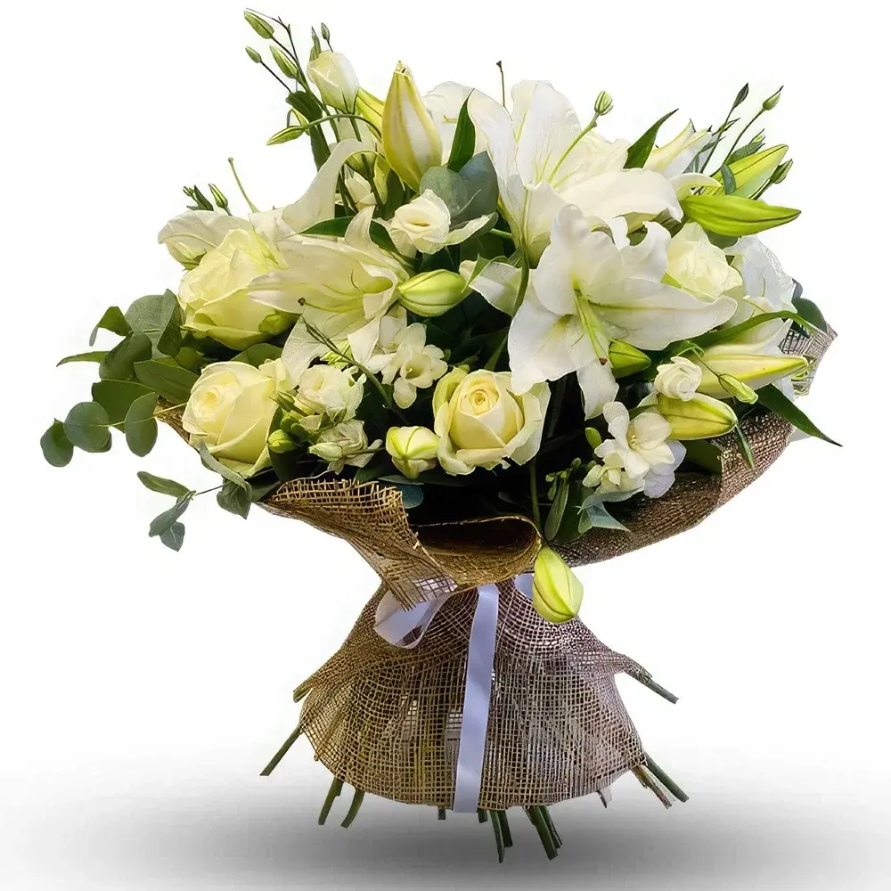 Buchet vibrant de trandafiri albi și crini