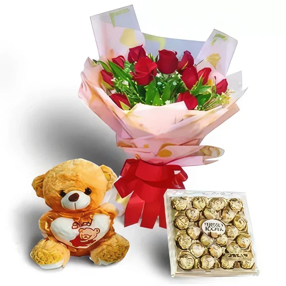 Romantisk rosebukett med Teddy & Ferrero Rocher