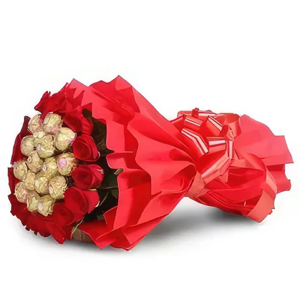 Buchet de ciocolată Ferrero Rocher cu trandafiri roșii