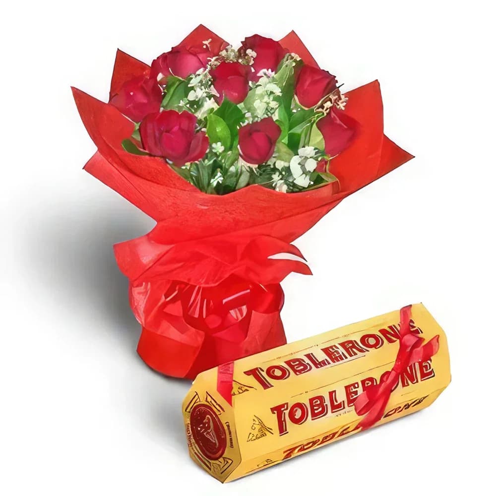 Røde roser bukett og gul toblerone