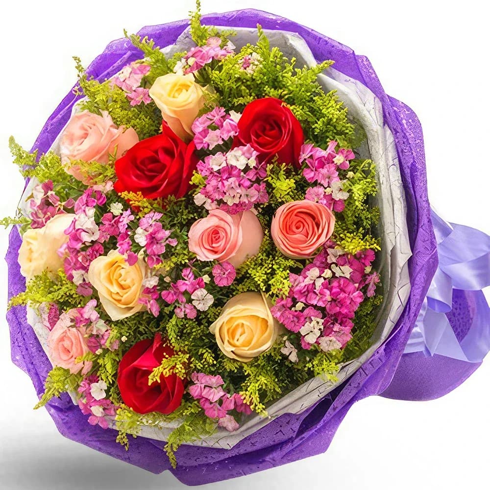 Rosas vibrantes vermelhas, rosas e champanhe