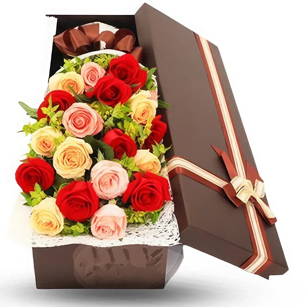 Caixa de rosas luxuosa com flores vermelhas, rosas e champanhe