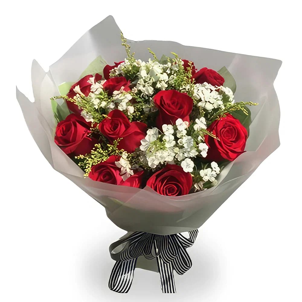 Arranjo de rosas vermelhas e flores de cera branca