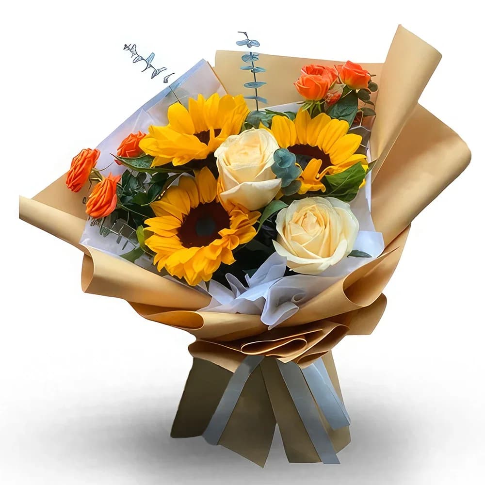 Buquê de Girassol Dourado e Rosas Champanhe
