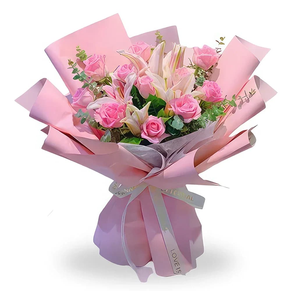 Buquê floral gracioso de rosas e lírios cor-de-rosa