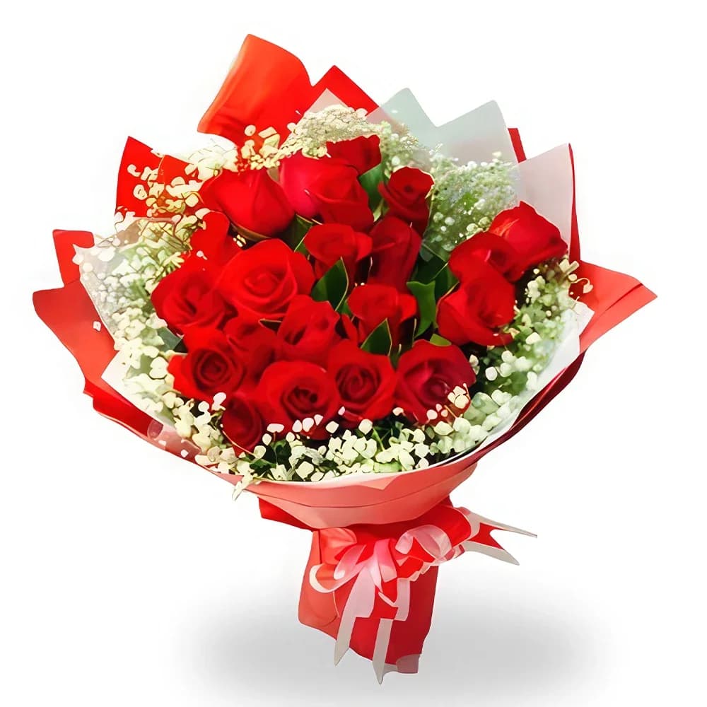 Buquê de rosas vermelhas românticas com hálito de bebê