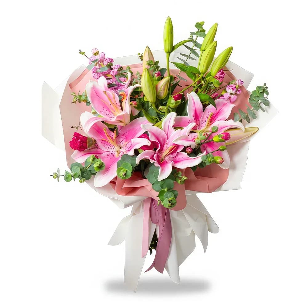 Håndbundet bukett med stjernekikkerlilje og rosa Snapdragon