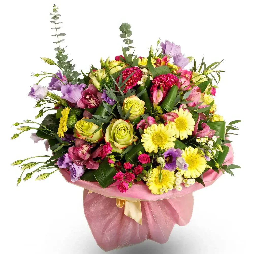 Bouquet de fleurs jaunes, roses et violettes vibrantes